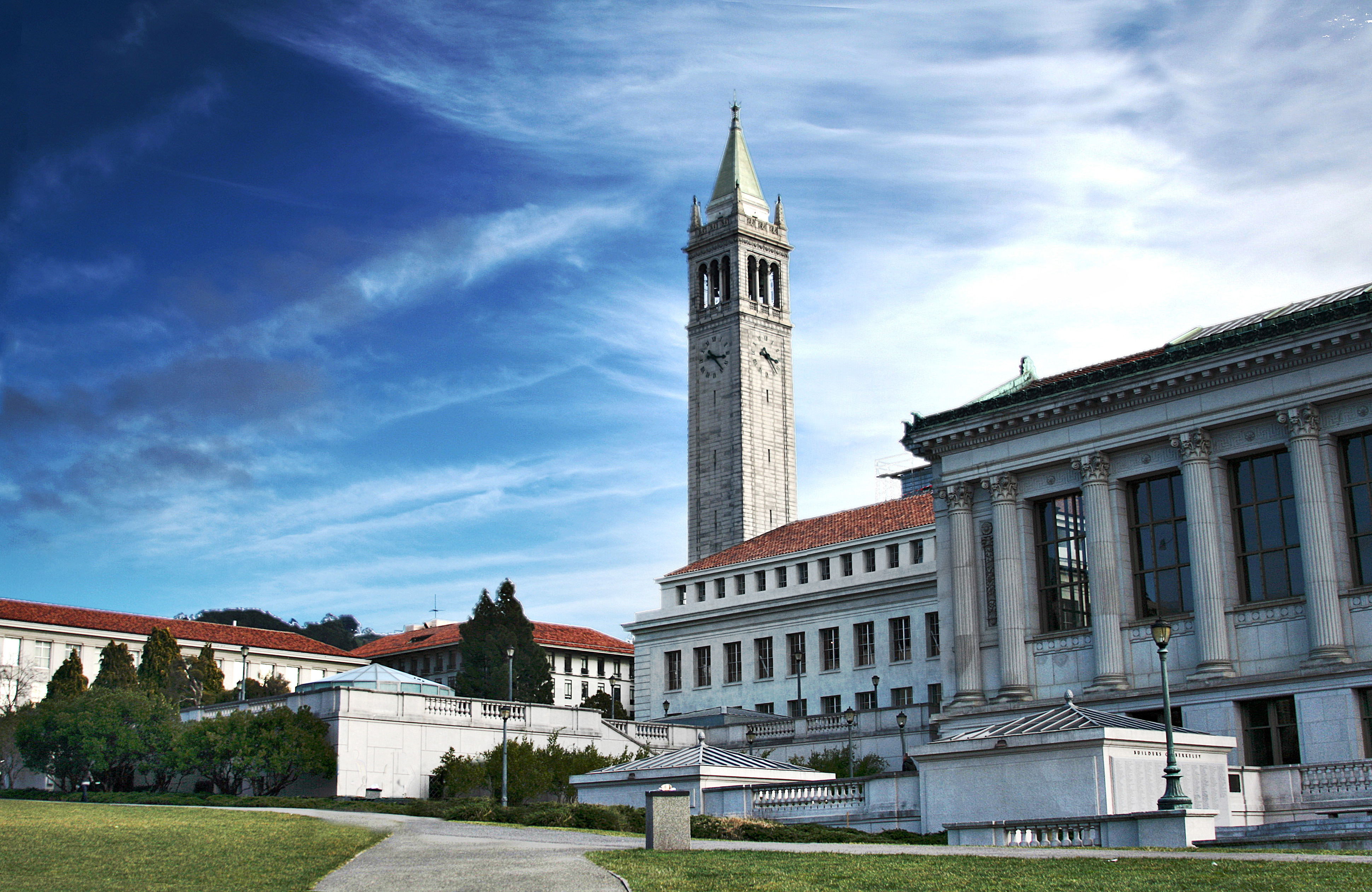 Doe Memorial Library and Sather Tower overlooking Memorial Glade at UC Berkeley